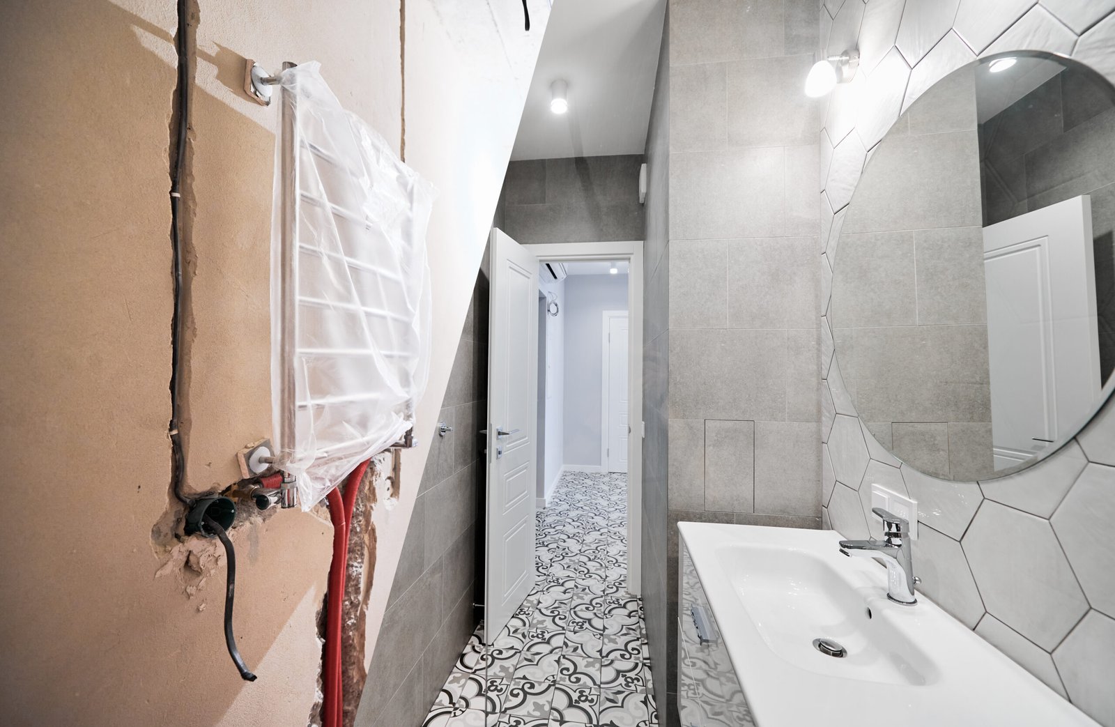 Apartment bathroom with electric towel dryer before and after restoration. Old flat and new renovated bathroom with sink and mirror.